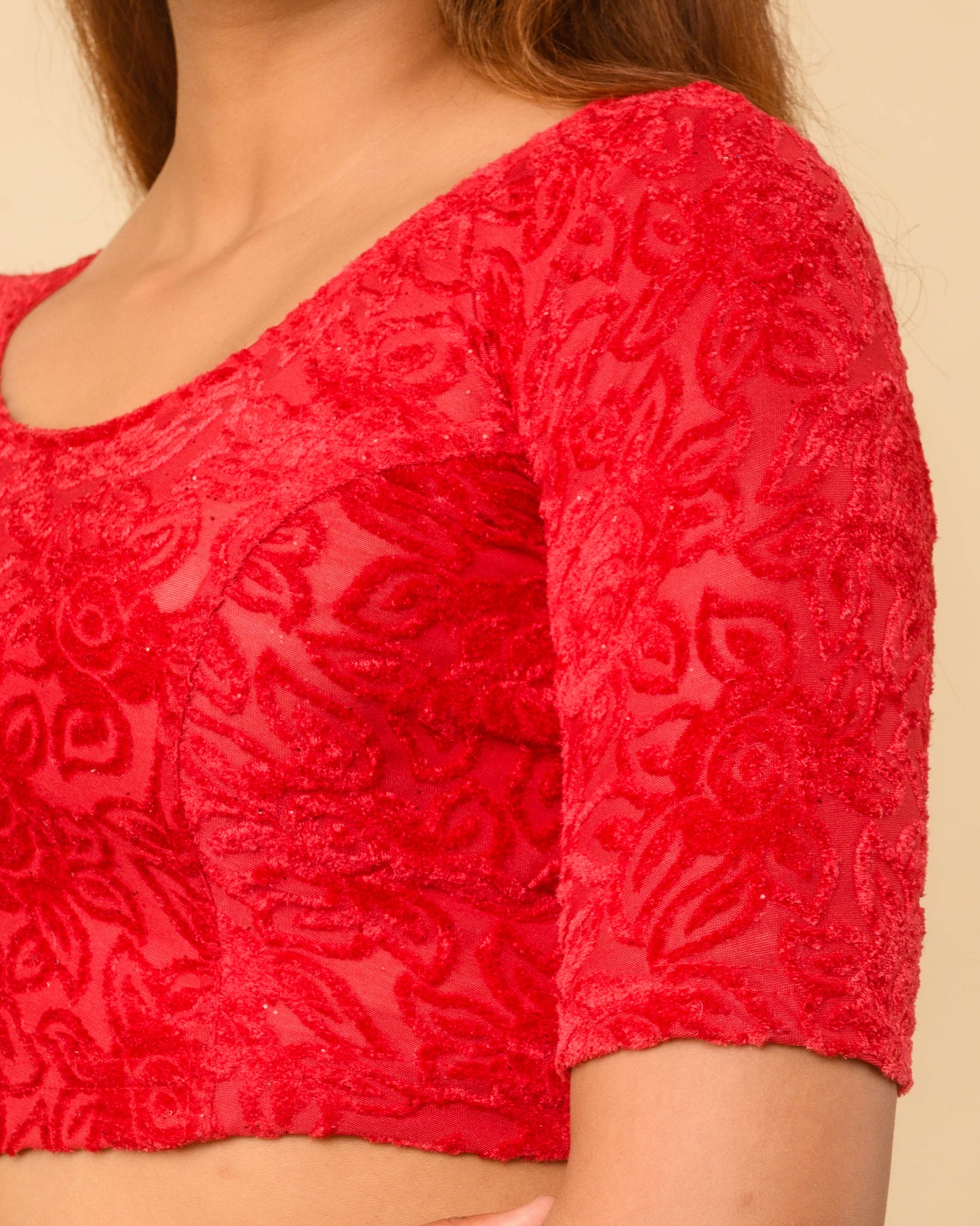 Chanda Maroon Floral Brasso Velvet Stretchable Saree Blouse Advi