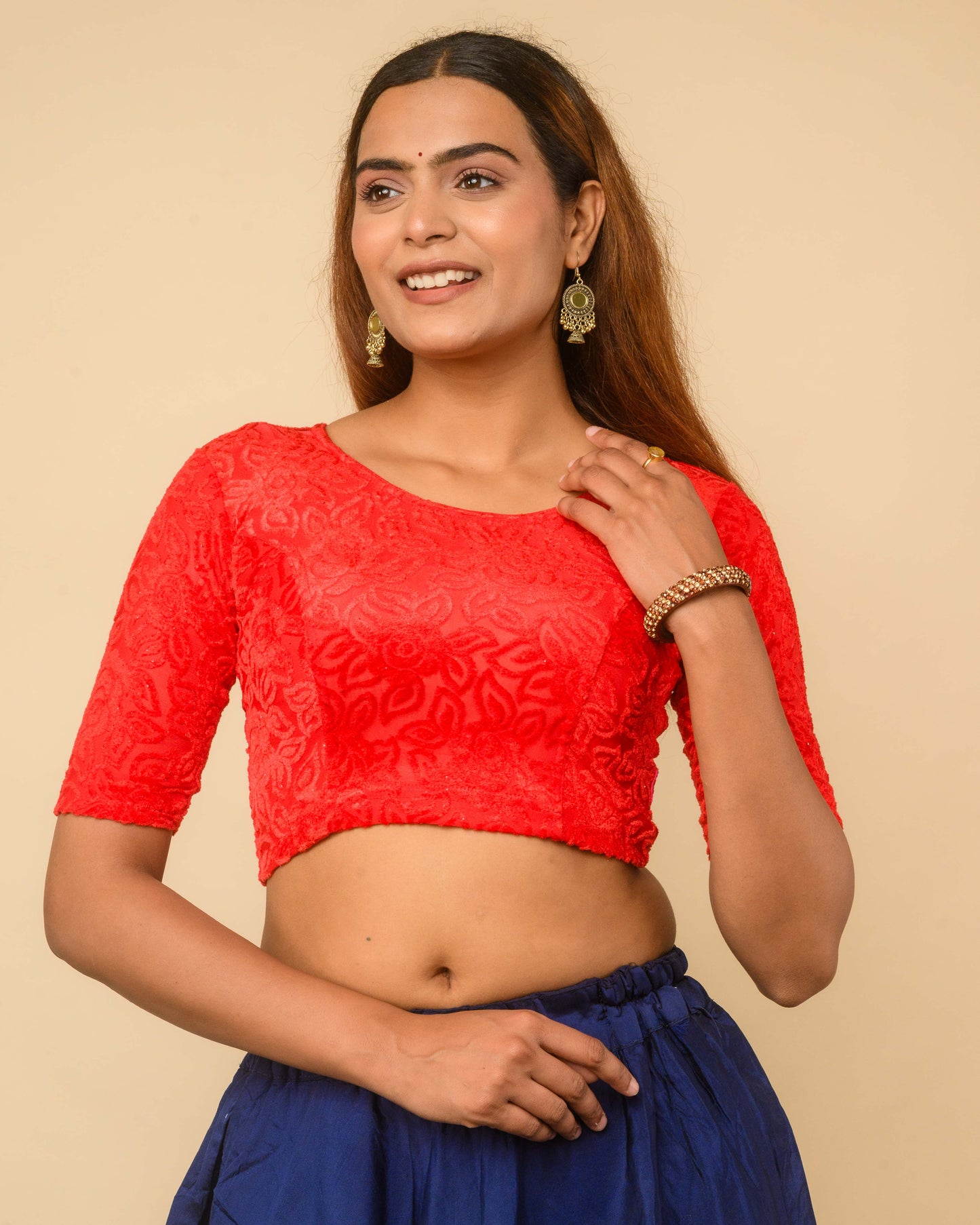 Chanda Red Bright Floral Brasso Velvet Stretchable Saree Blouse Advi