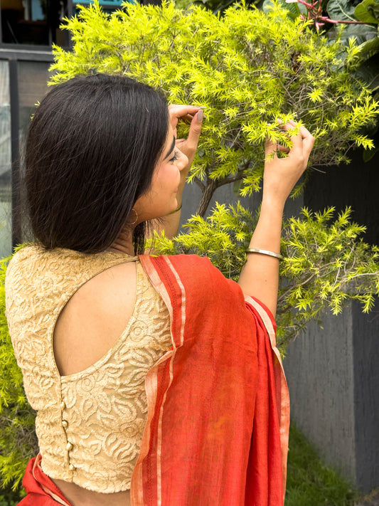 Chanda Gold Beige Bright Floral Brasso Velvet Stretchable Saree Blouse Advi