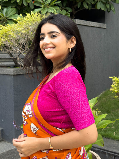 Chanda Rani Pink Bright Floral Brasso Velvet Stretchable Saree Blouse Advi