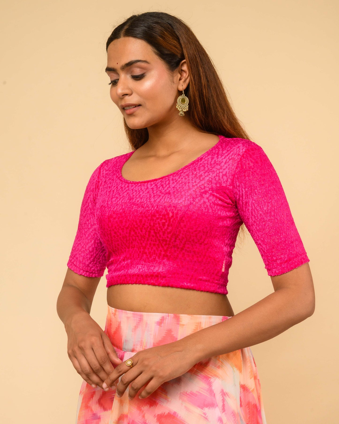 Chanda Rani Pink Bright Floral Brasso Velvet Stretchable Saree Blouse Advi