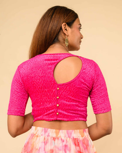 Chanda Rani Pink Bright Floral Brasso Velvet Stretchable Saree Blouse Advi