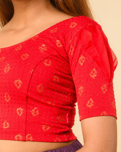 Paavna Gold–silver metallic buti Dobby Zari Jacquard stretchable saree blouse with organza puff elbow sleeves and round neck, by Advi red detail