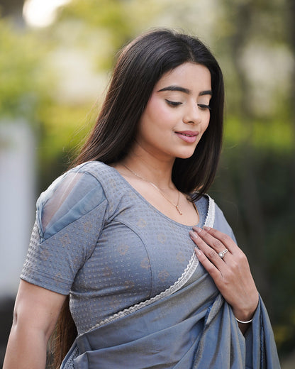 Paavna Gray Jacquard Organza Sleeve Stretchable Saree Blouse Advi