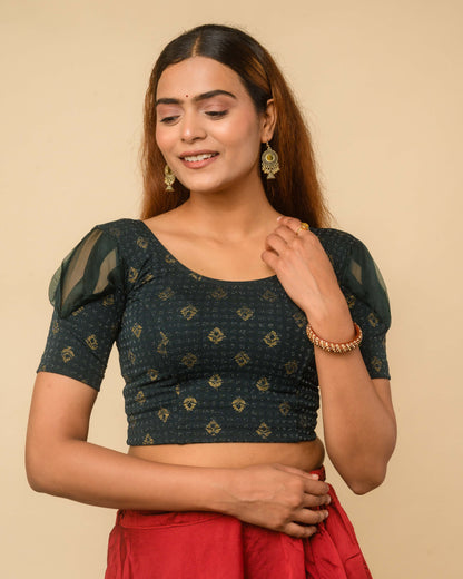 Paavna Bottle Green Organza Puff Sleeve Stretchable Saree Blouse Advi
