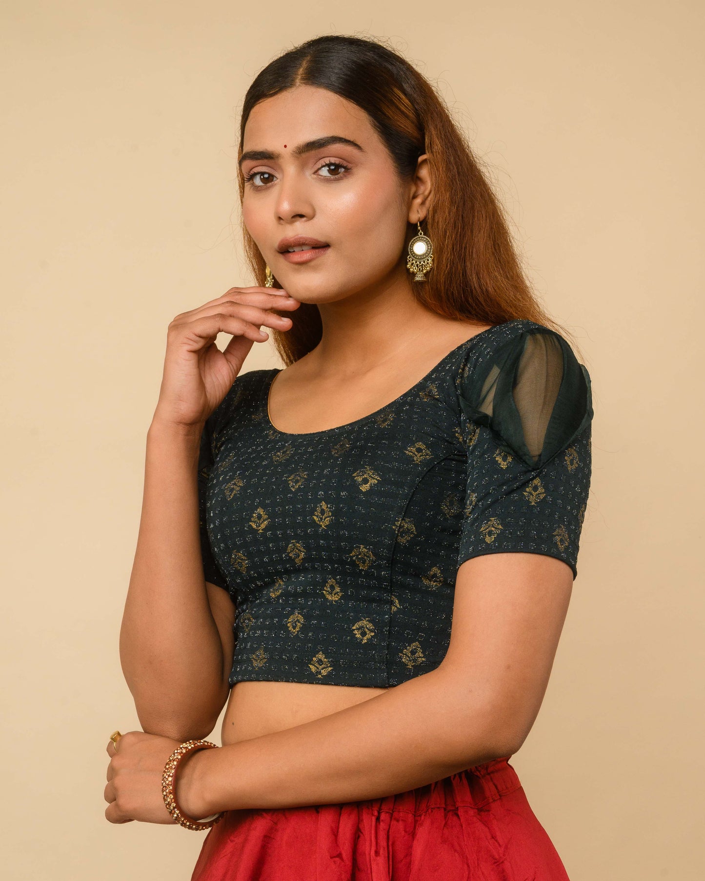 Paavna Bottle Green Organza Puff Sleeve Stretchable Saree Blouse Advi