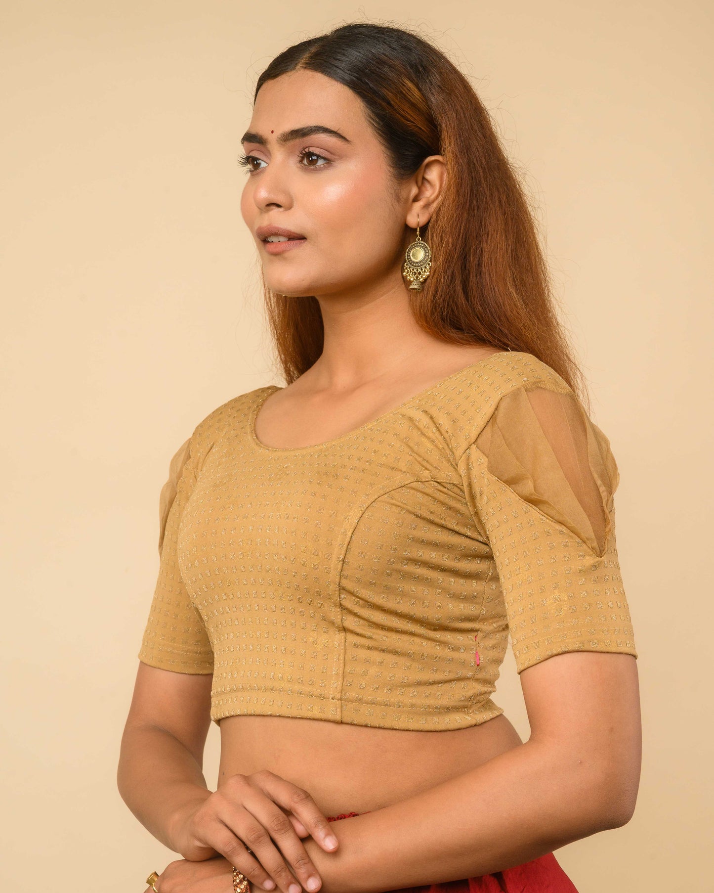 Paavna Gold Organza Puff Sleeve Stretchable Saree Blouse Advi