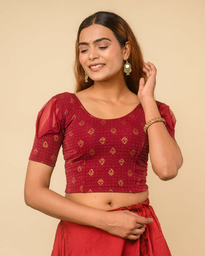 Paavna Maroon Organza Puff Sleeve Stretchable Saree Blouse Advi