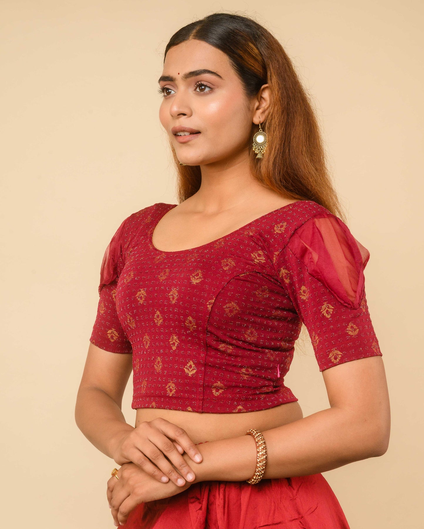 Paavna Maroon Organza Puff Sleeve Stretchable Saree Blouse Advi