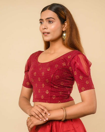 Paavna Maroon Organza Puff Sleeve Stretchable Saree Blouse Advi