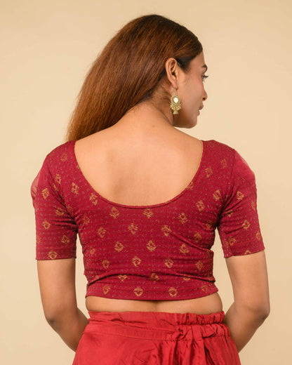 Paavna Maroon Organza Puff Sleeve Stretchable Saree Blouse Advi