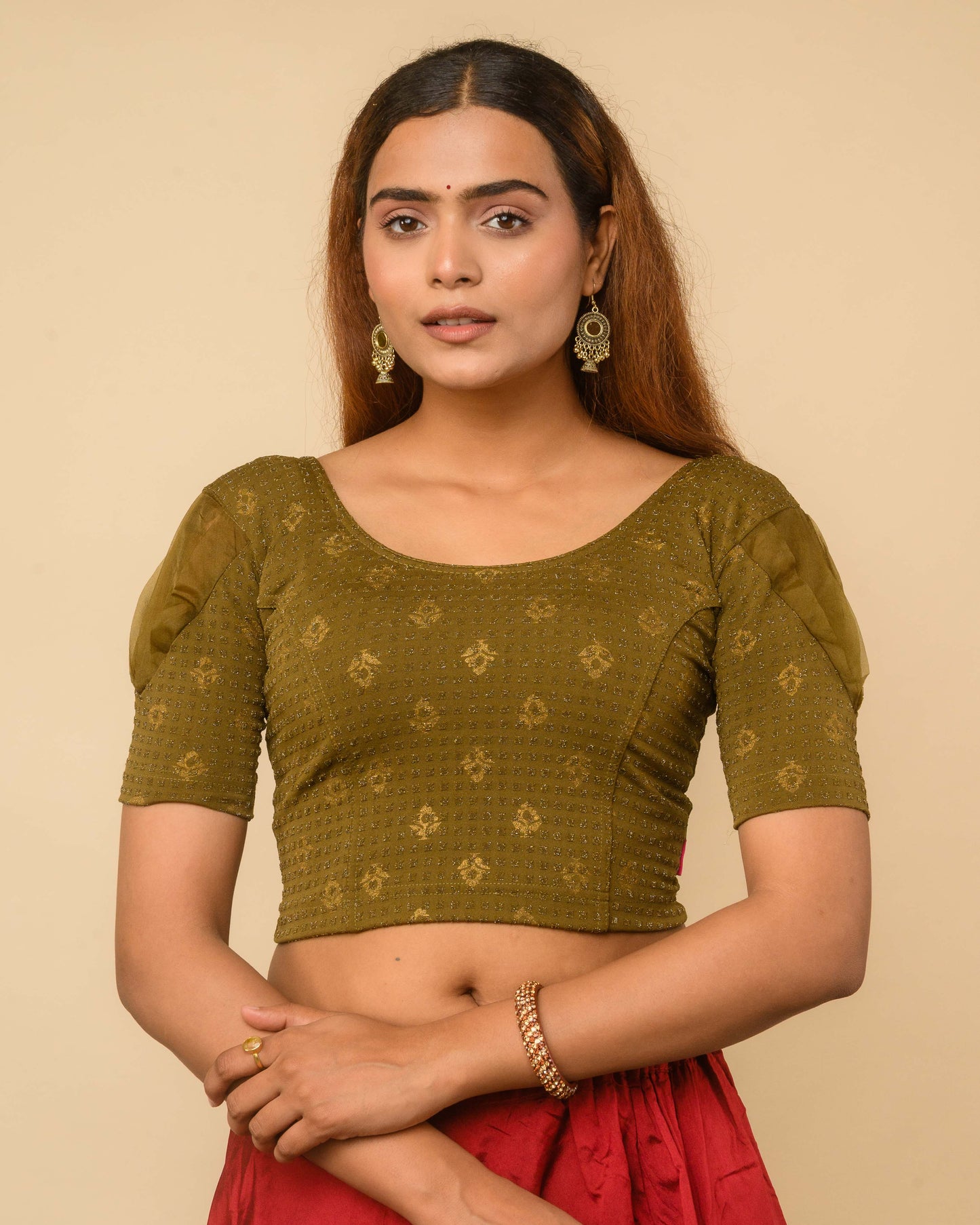 Paavna Mehendi Green Organza Puff Sleeve Stretchable Saree Blouse Advi