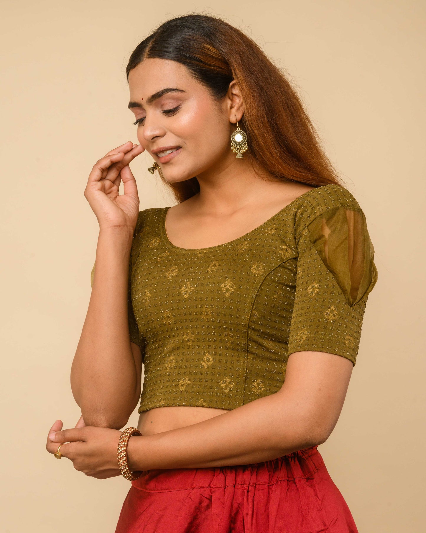 Paavna Mehendi Green Organza Puff Sleeve Stretchable Saree Blouse Advi