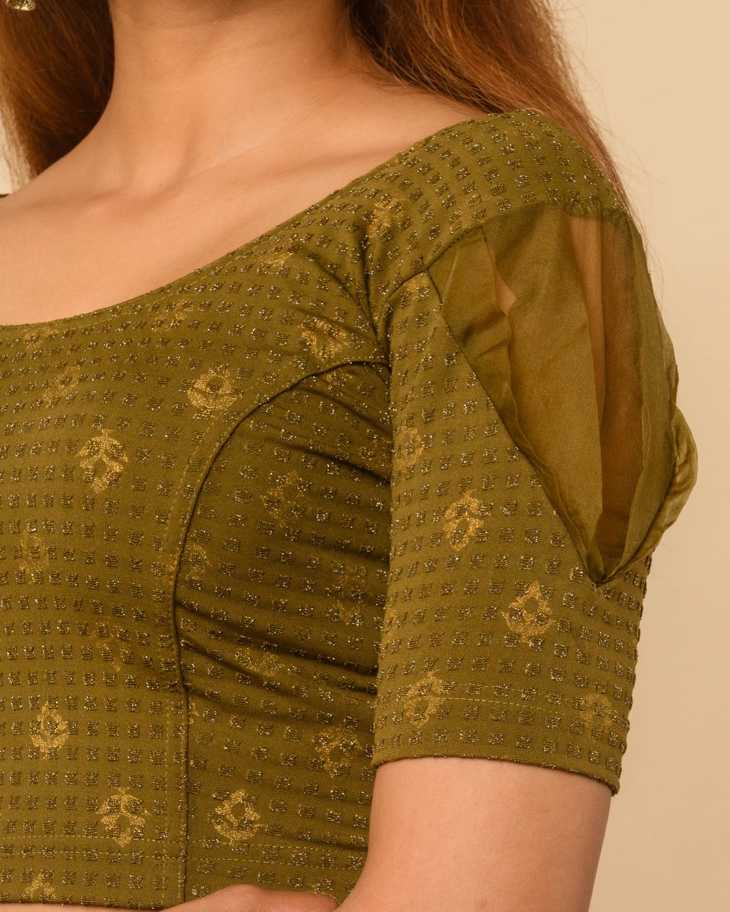 Paavna Mehendi Green Organza Puff Sleeve Stretchable Saree Blouse Advi