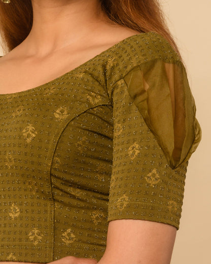 Paavna Mehendi Green Organza Puff Sleeve Stretchable Saree Blouse Advi