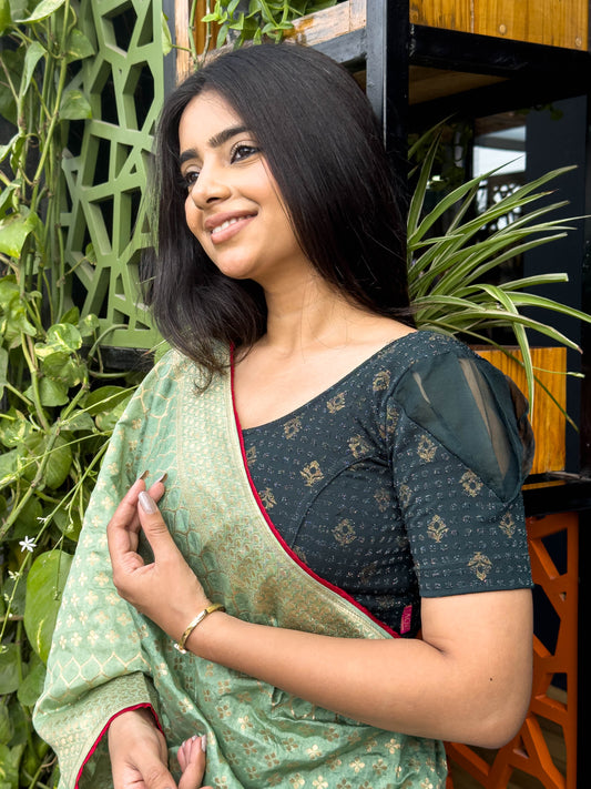 Paavna Bottle Green Organza Puff Sleeve Stretchable Saree Blouse Advi