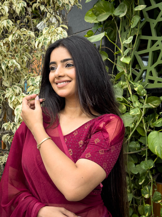 Paavna Maroon Organza Puff Sleeve Stretchable Saree Blouse Advi