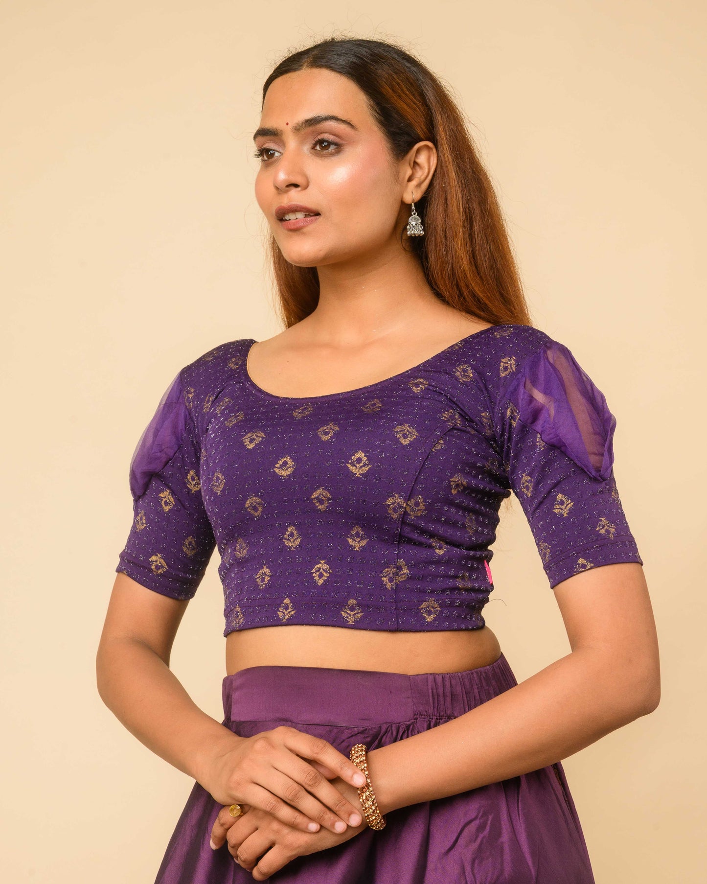 Paavna Purple Organza Puff Sleeve Stretchable Saree Blouse Advi