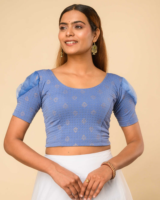 Paavna Steel Blue Organza Sleeve Stretchable Saree Blouse Advi