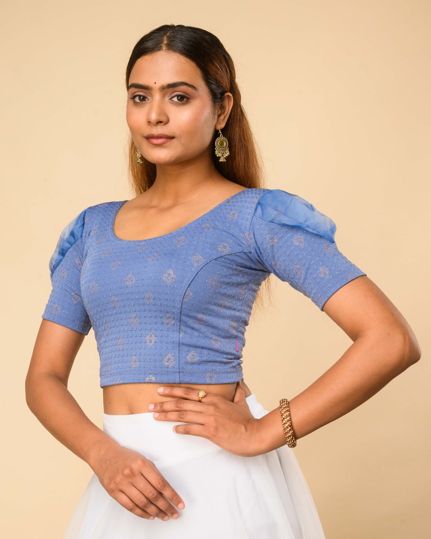 Paavna Steel Blue Organza Sleeve Stretchable Saree Blouse Advi