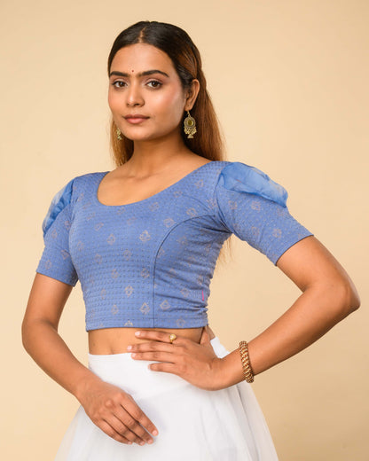 Paavna Steel Blue Organza Sleeve Stretchable Saree Blouse Advi