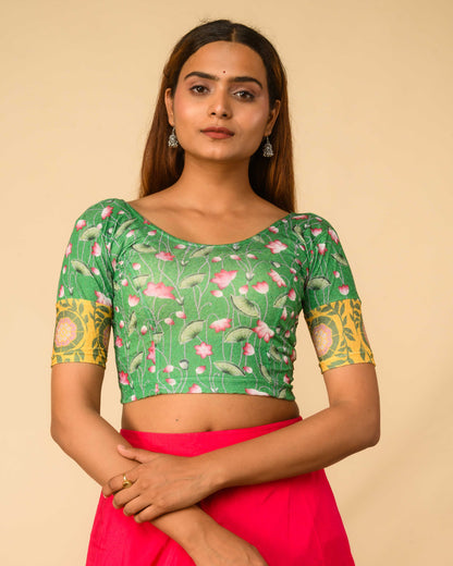Pichwai Green Multicolour Jacquard Stretchable Saree Blouse Advi