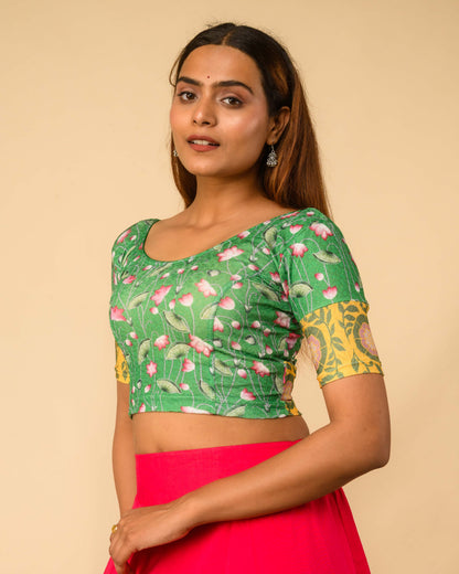 Pichwai Green Multicolour Jacquard Stretchable Saree Blouse Advi