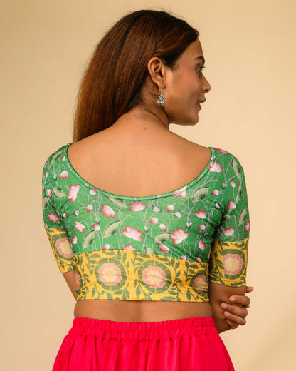 Pichwai Green Multicolour Jacquard Stretchable Saree Blouse Advi