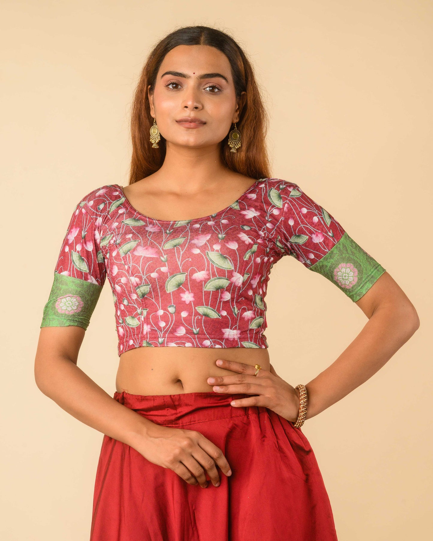 Pichwai Maroon Multicolour Jacquard Stretchable Saree Blouse Advi
