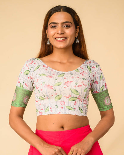 Pichwai White Multicolour Jacquard Stretchable Saree Blouse Advi
