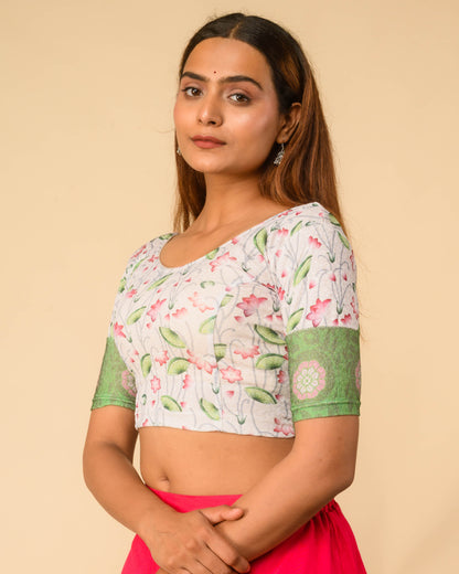 Pichwai White Multicolour Jacquard Stretchable Saree Blouse Advi