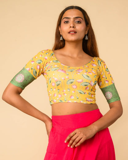 Pichwai Yellow Multicolour Jacquard Stretchable Saree Blouse Advi