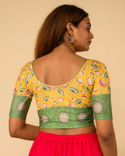Pichwai Yellow Multicolour Jacquard Stretchable Saree Blouse Advi