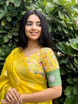 Pichwai Yellow Multicolour Jacquard Stretchable Saree Blouse Advi