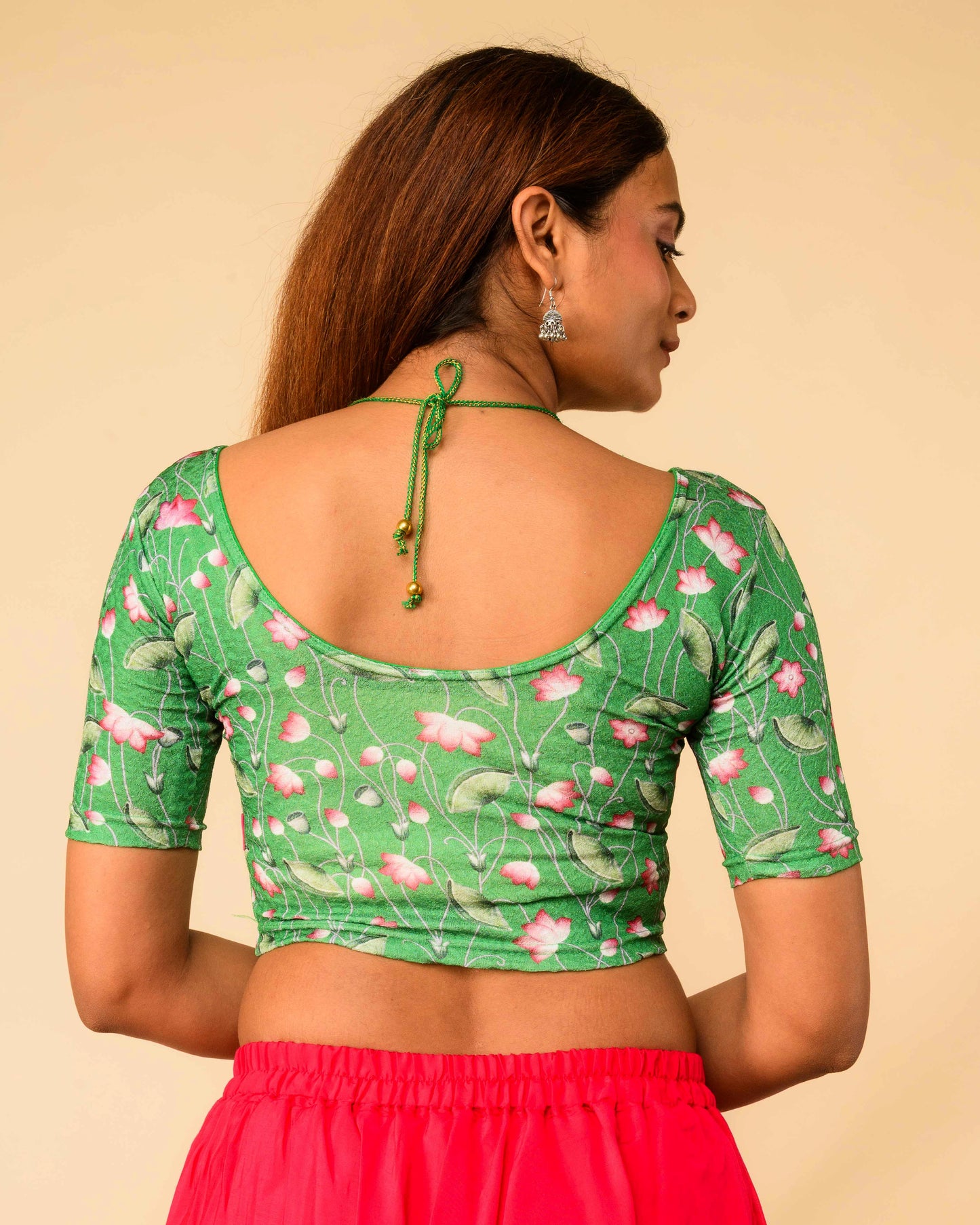 Pushkar Green Multicolour Pichwai Lotus Jacquard Stretchable Saree Blouse Advi