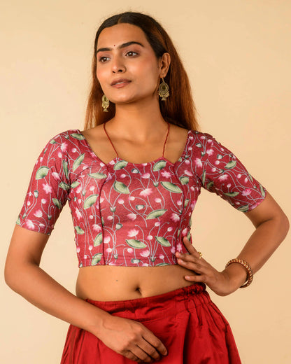 Pushkar Maroon Multicolour Pichwai Lotus Jacquard Stretchable Saree Blouse Advi