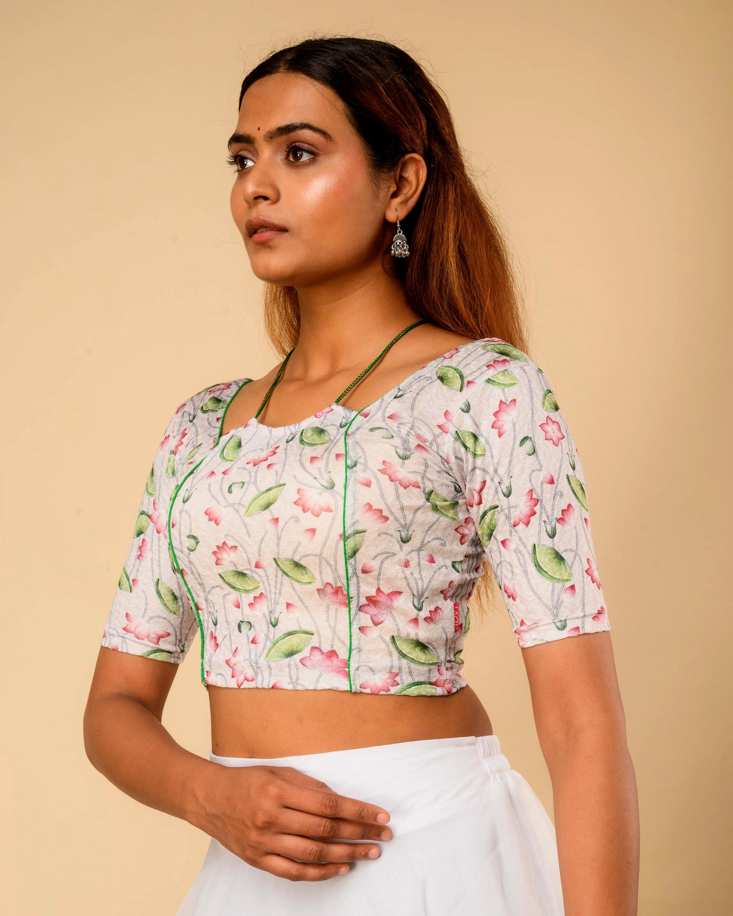 Pushkar White Multicolour Pichwai Lotus Jacquard Stretchable Saree Blouse Advi