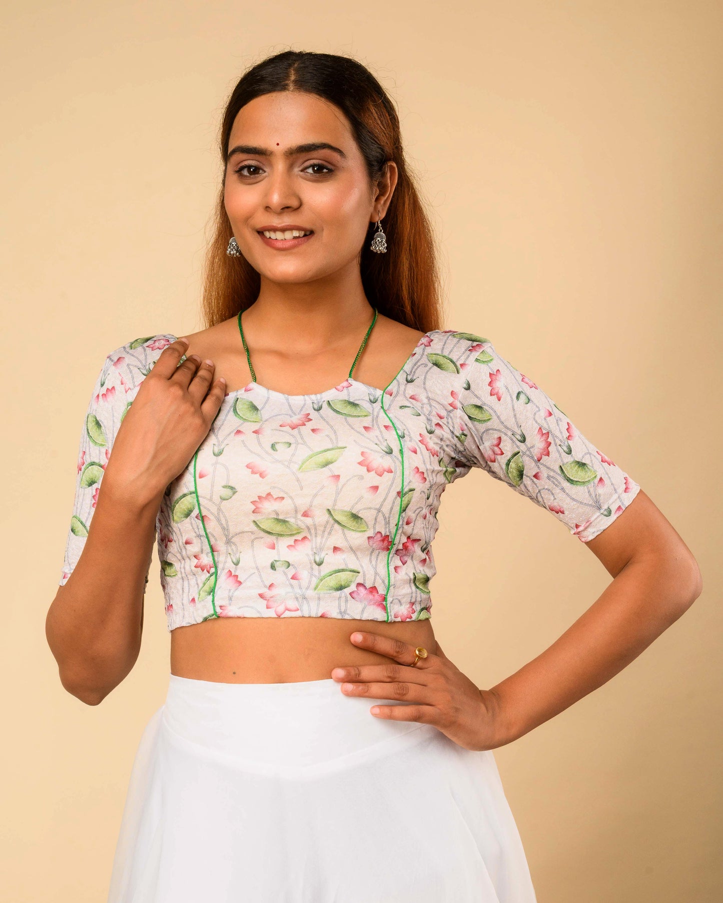 Pushkar White Multicolour Pichwai Lotus Jacquard Stretchable Saree Blouse Advi