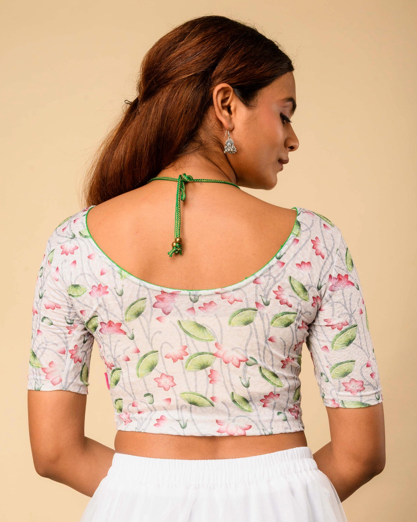 Pushkar White Multicolour Pichwai Lotus Jacquard Stretchable Saree Blouse Advi