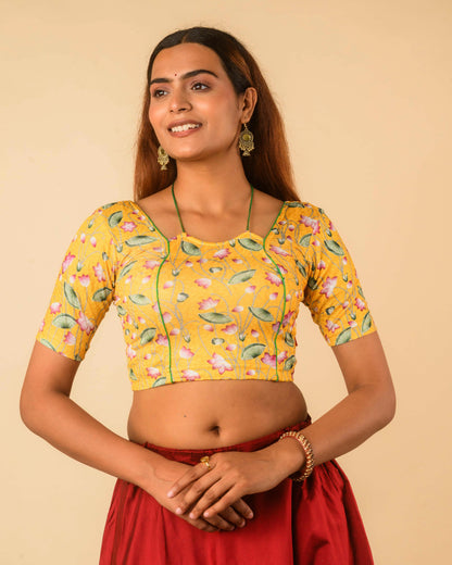 Pushkar Yellow Multicolour Pichwai Lotus Jacquard Stretchable Saree Blouse Advi
