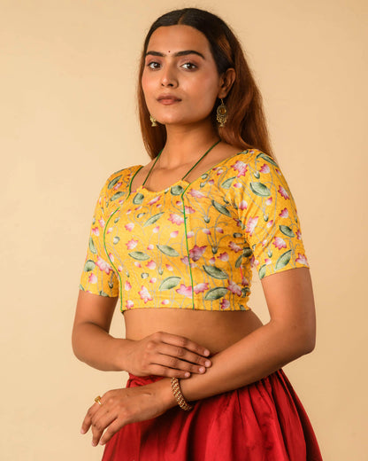 Pushkar Yellow Multicolour Pichwai Lotus Jacquard Stretchable Saree Blouse Advi