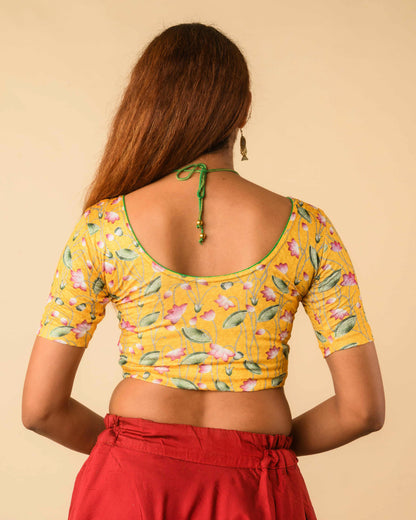 Pushkar Yellow Multicolour Pichwai Lotus Jacquard Stretchable Saree Blouse Advi