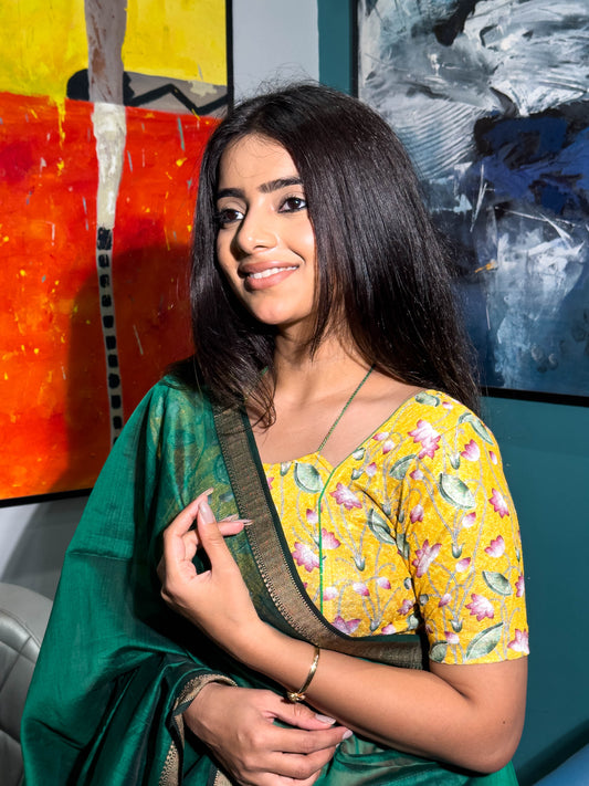 Pushkar Yellow Multicolour Pichwai Lotus Jacquard Stretchable Saree Blouse Advi