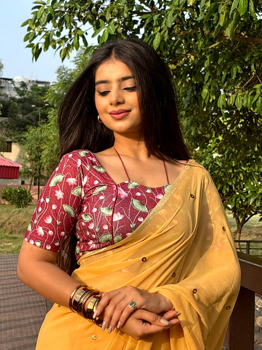 Pushkar Maroon Multicolour Pichwai Lotus Jacquard Stretchable Saree Blouse Advi