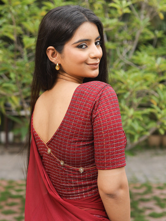 Padmini Maroon Handwork Buti Zari Striped Jacquard Stretchable Saree Blouse Advi