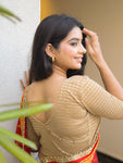 Padmini Gold Beige Zari Striped Jacquard Stretchable Saree Blouse Advi