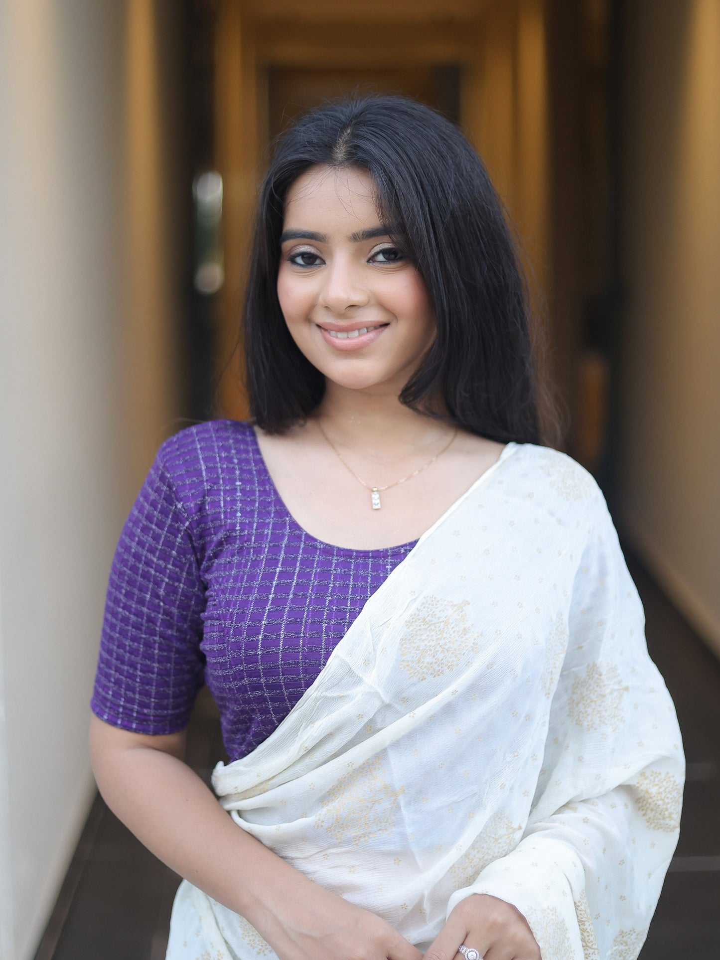 Padmini Purple Handwork Buti Zari Striped Jacquard Stretchable Saree Blouse Advi