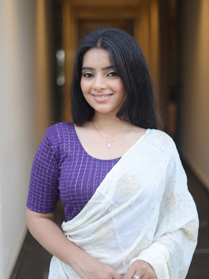 Padmini Purple Handwork Buti Zari Striped Jacquard Stretchable Saree Blouse Advi