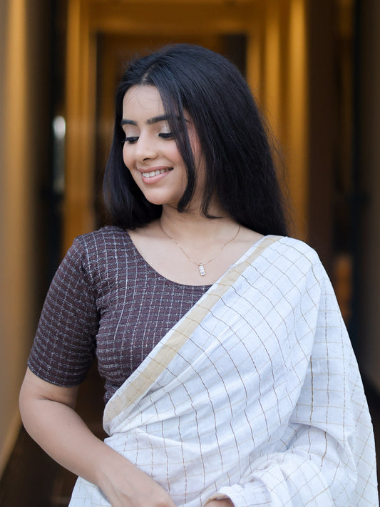 Padmini Coffee Handwork Buti Zari Striped Jacquard Stretchable Saree Blouse Advi