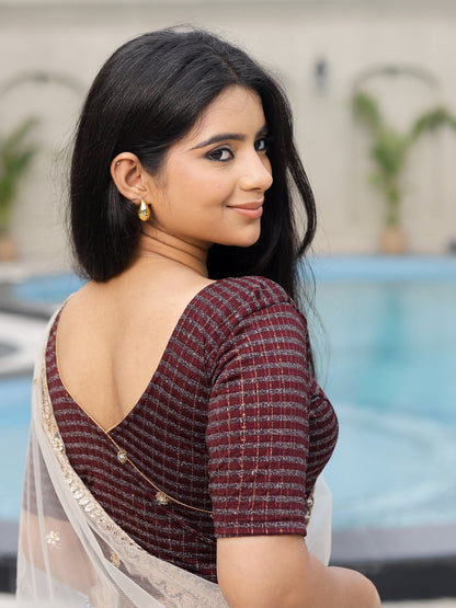 Padmini Wine Handwork Buti Zari Striped Jacquard Stretchable Saree Blouse Advi